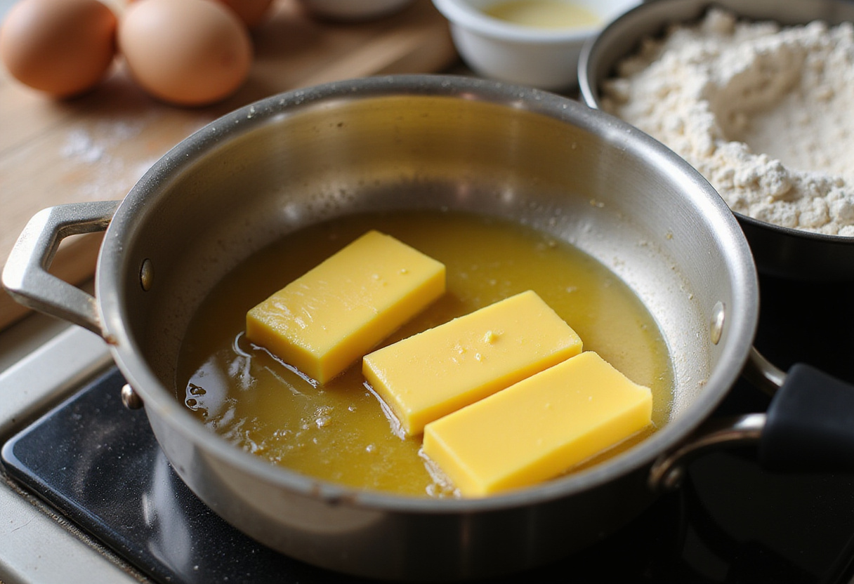 Beurre fondant dans une casserole pour la préparation du gâteau aux noix comme jamais goûté.