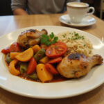 Serve of Un Poulet Basquaise with chicken, peppers, and rice, a delightful French dish.