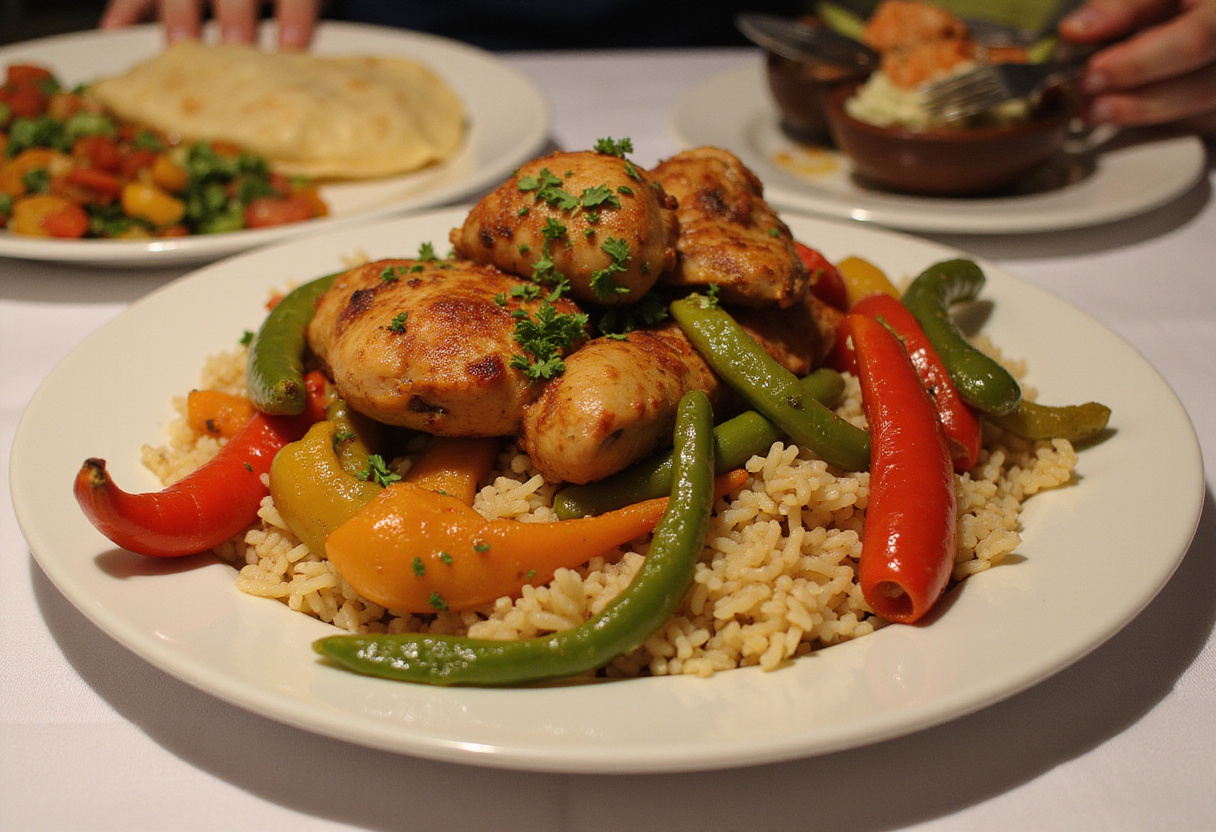 Serve of Un Poulet Basquaise with chicken, peppers, and rice, a delightful French dish.