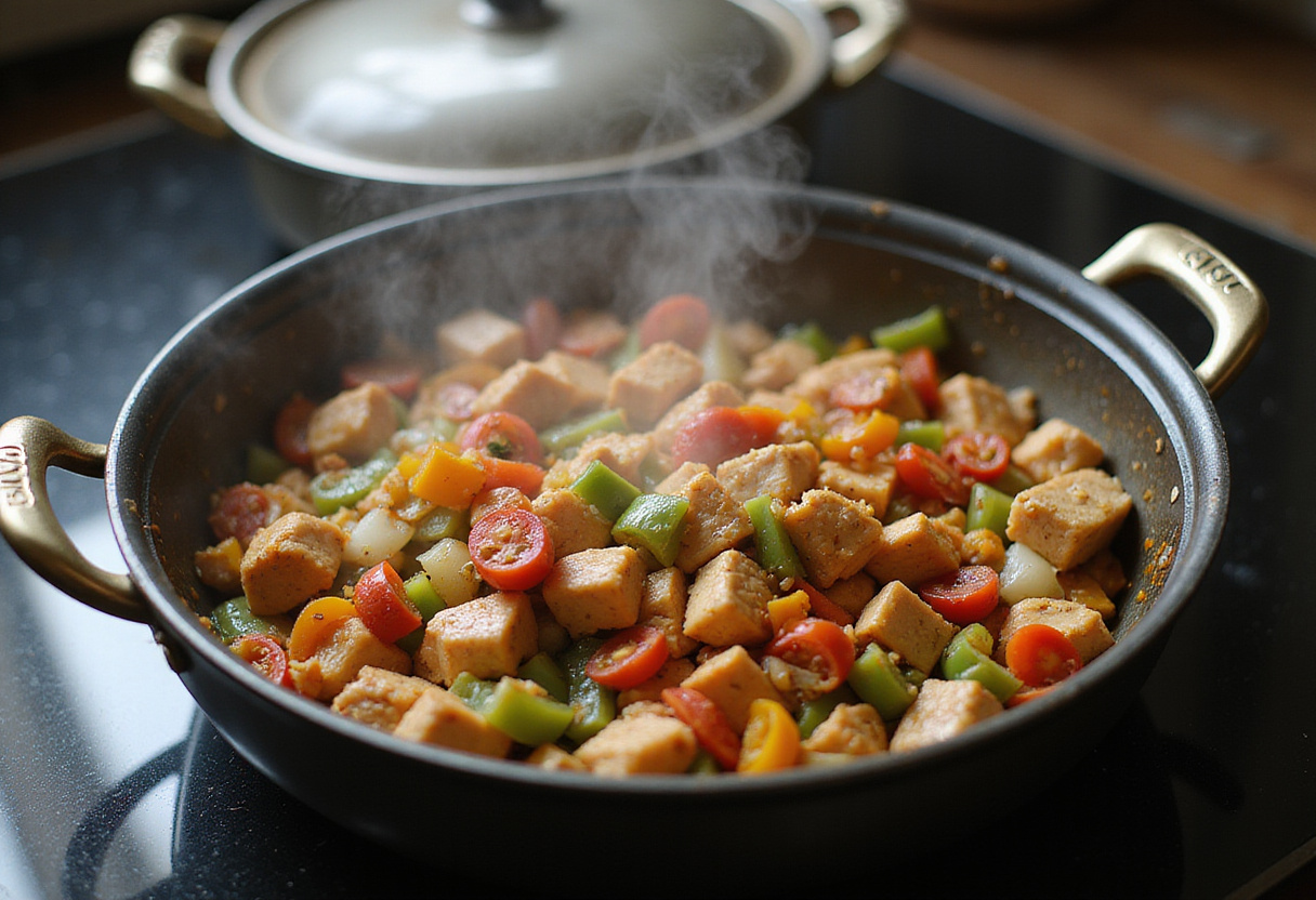 Chicken, bell peppers, tomatoes, and onions sautéing in a Cookeo for Un Poulet Basquaise.