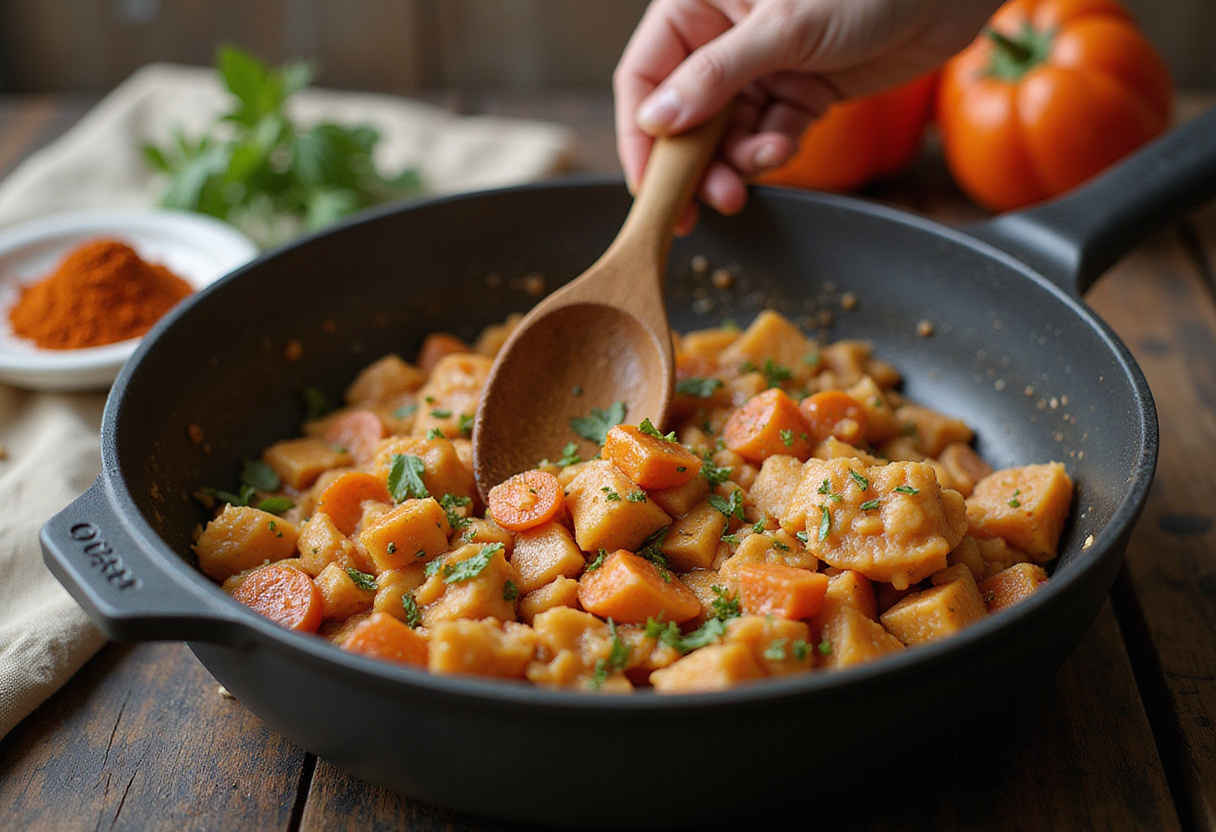 Stirring spices into the sautéed mix for Un Poulet Basquaise in a Cookeo.