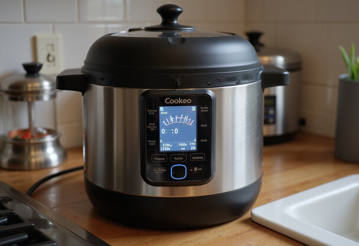 Cookeo pot closed, cooking Un Poulet Basquaise with timer set for perfect timing.