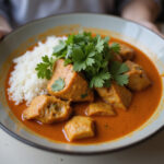 Delicious un poulet curry coco served with jasmine rice and fresh herbs, a flavorful delight.