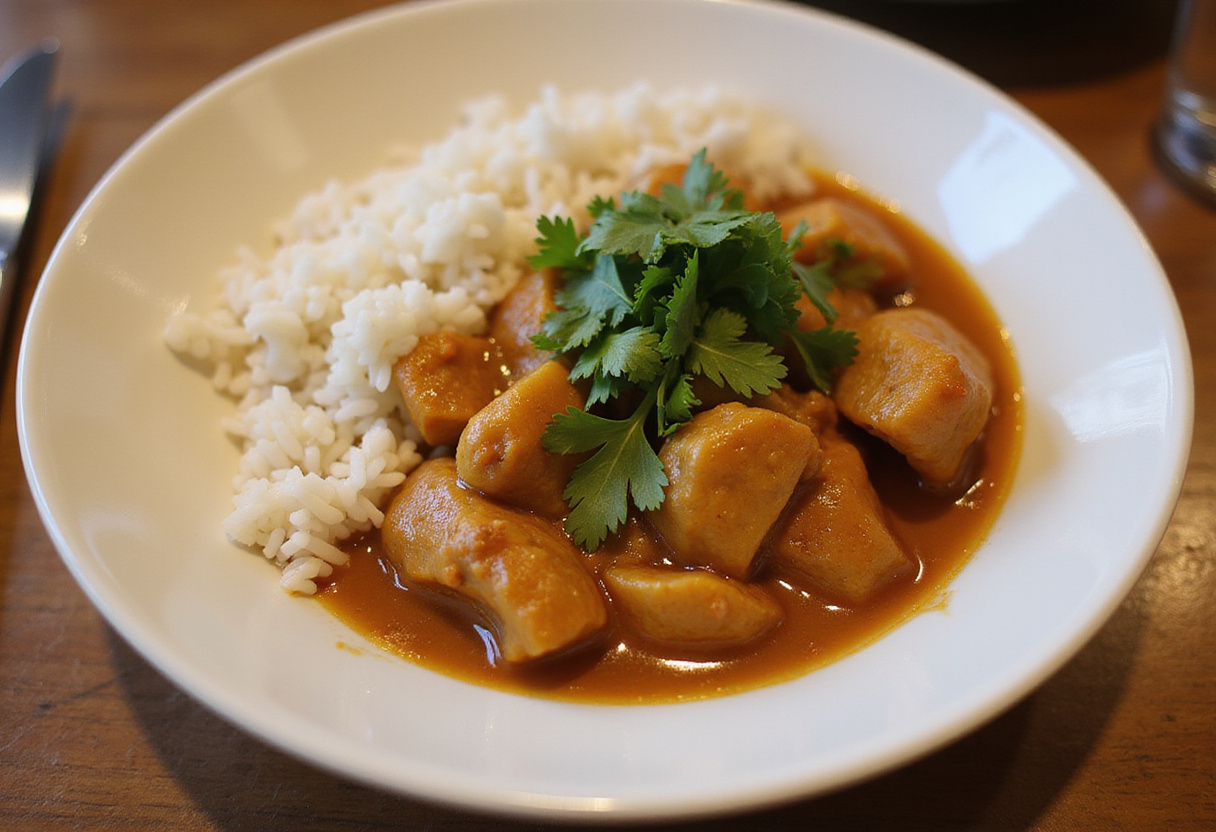 Delicious un poulet curry coco served with jasmine rice and fresh herbs, a flavorful delight.