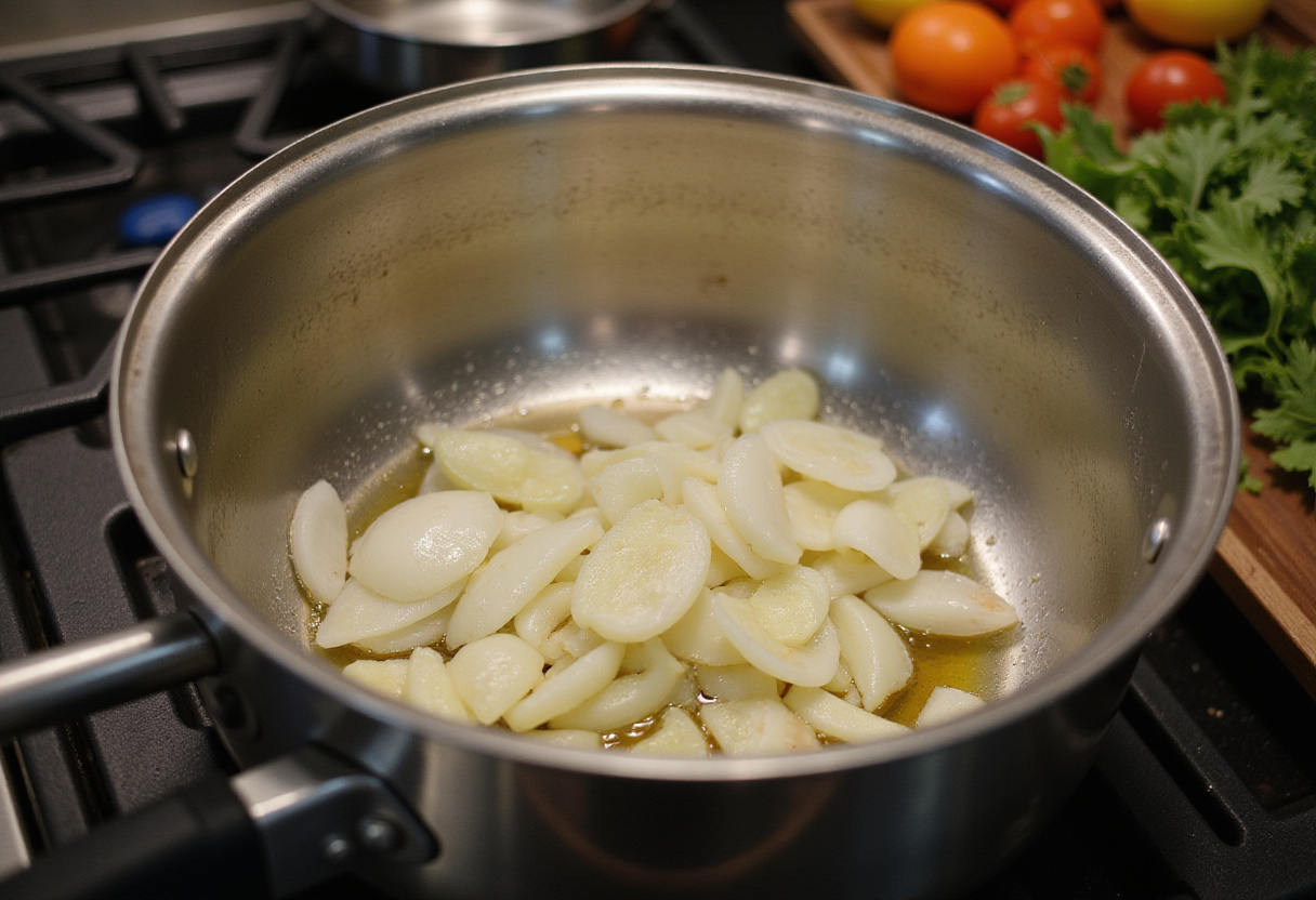 Onions and garlic sautéing in a pot for un poulet curry coco, enhancing the dish's flavor.