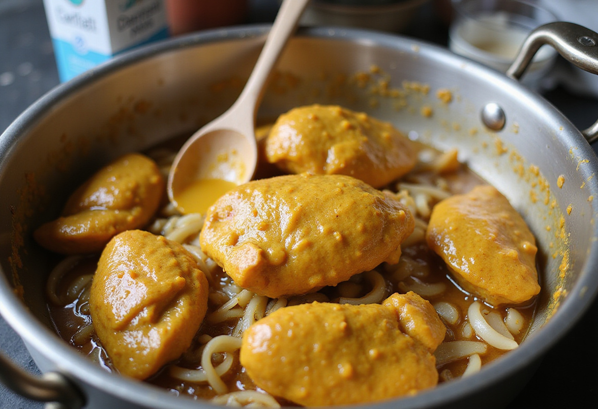 Curry chicken added to sautéed onions and garlic for the delicious un poulet curry coco.