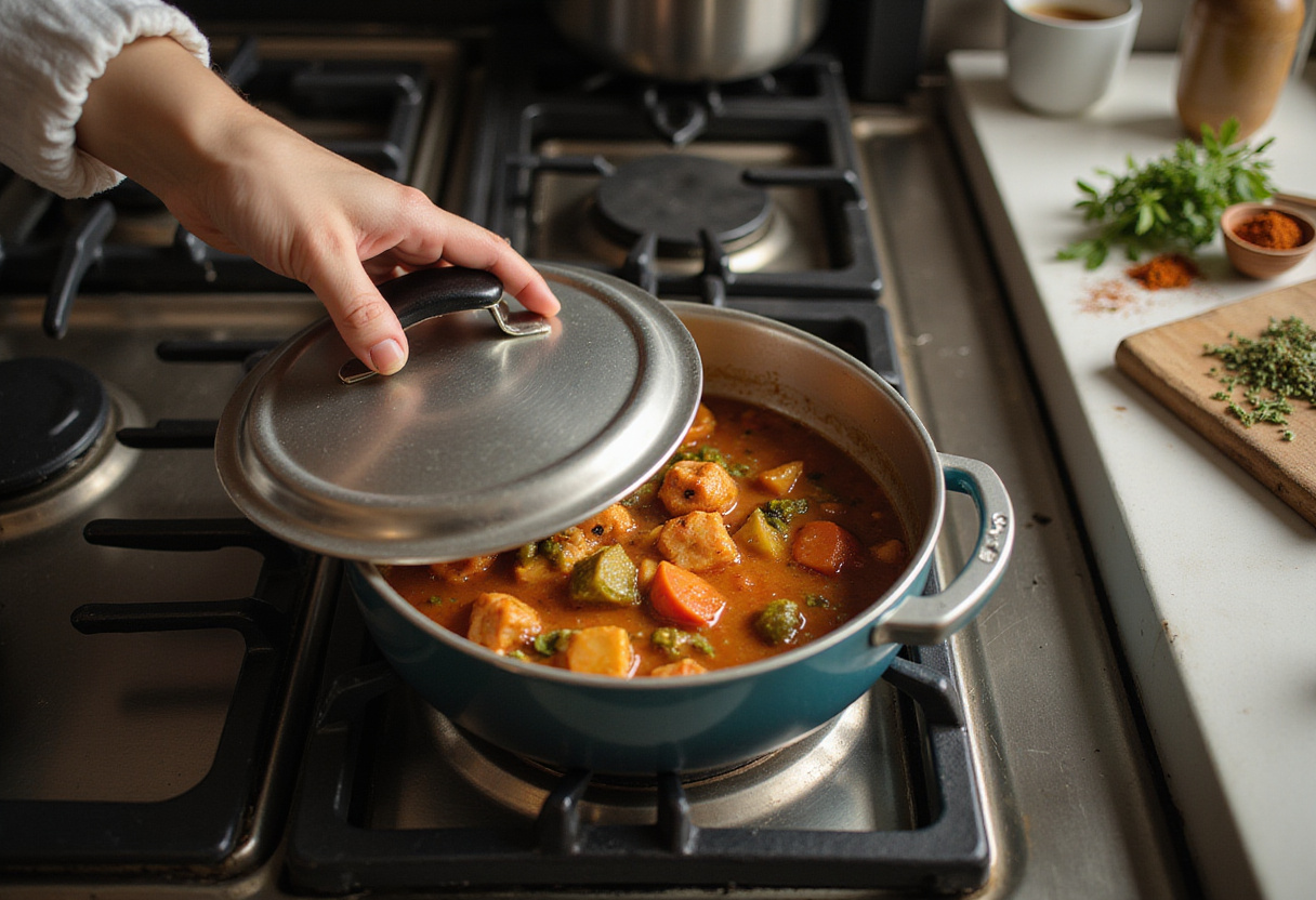Simmering un poulet curry coco on the stovetop, allowing flavors to meld together.