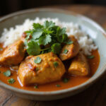 Delicious chicken curry served with rice, showcasing vibrant colors and inviting presentation.