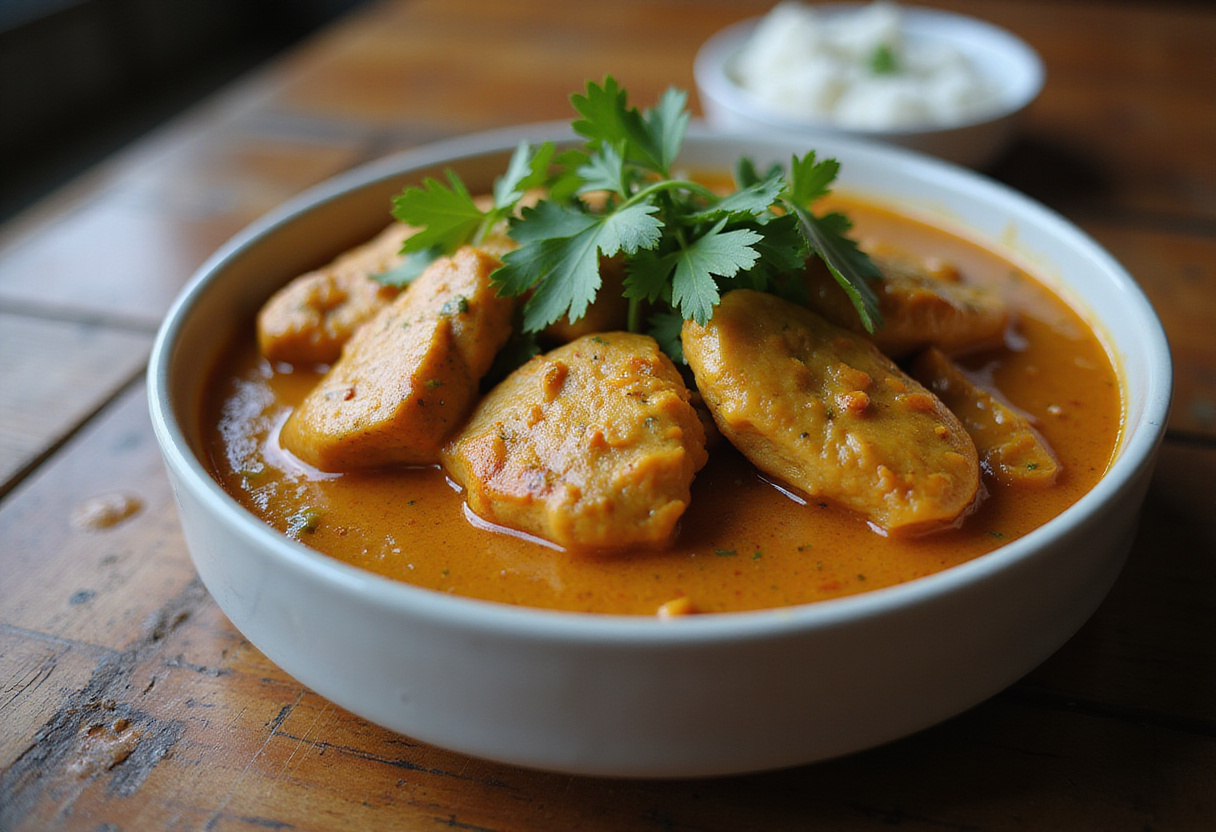 Delicious chicken curry served with rice, showcasing vibrant colors and inviting presentation.