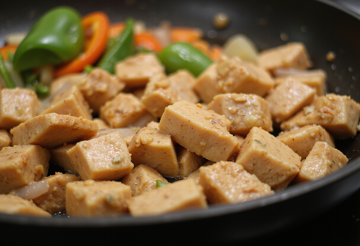 Diced chicken sautéing in a pan for a delicious curry recipe, featuring fresh vegetables.