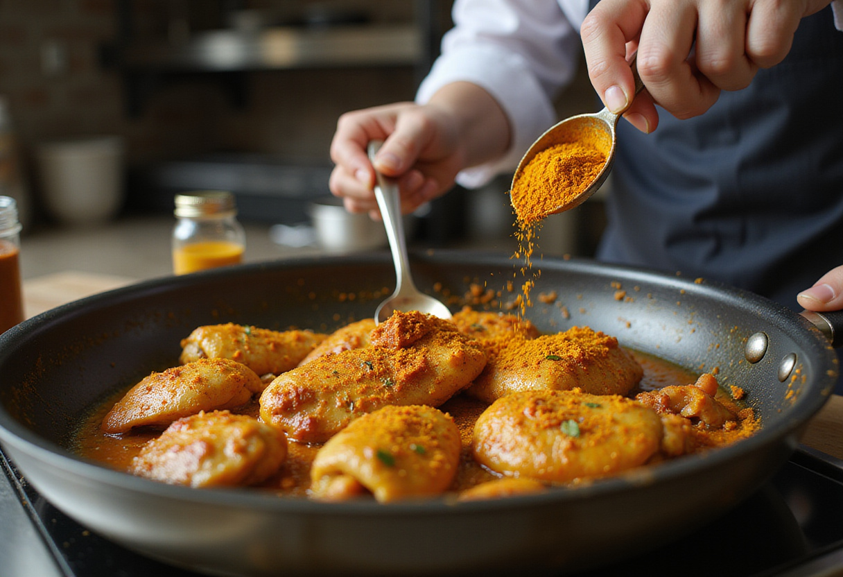 Adding spices to chicken for a flavorful curry, showcasing vibrant colors and aroma.