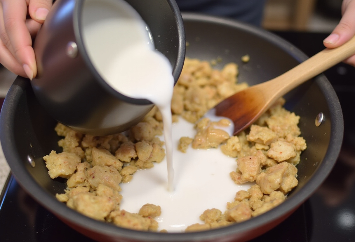 Coconut milk being added to chicken curry, creating a creamy texture and rich flavor.