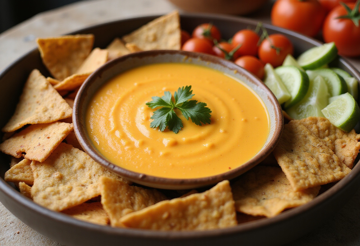 Sauce cheddar délicieuse présentée avec des nachos et des légumes frais, idéale pour une fête.