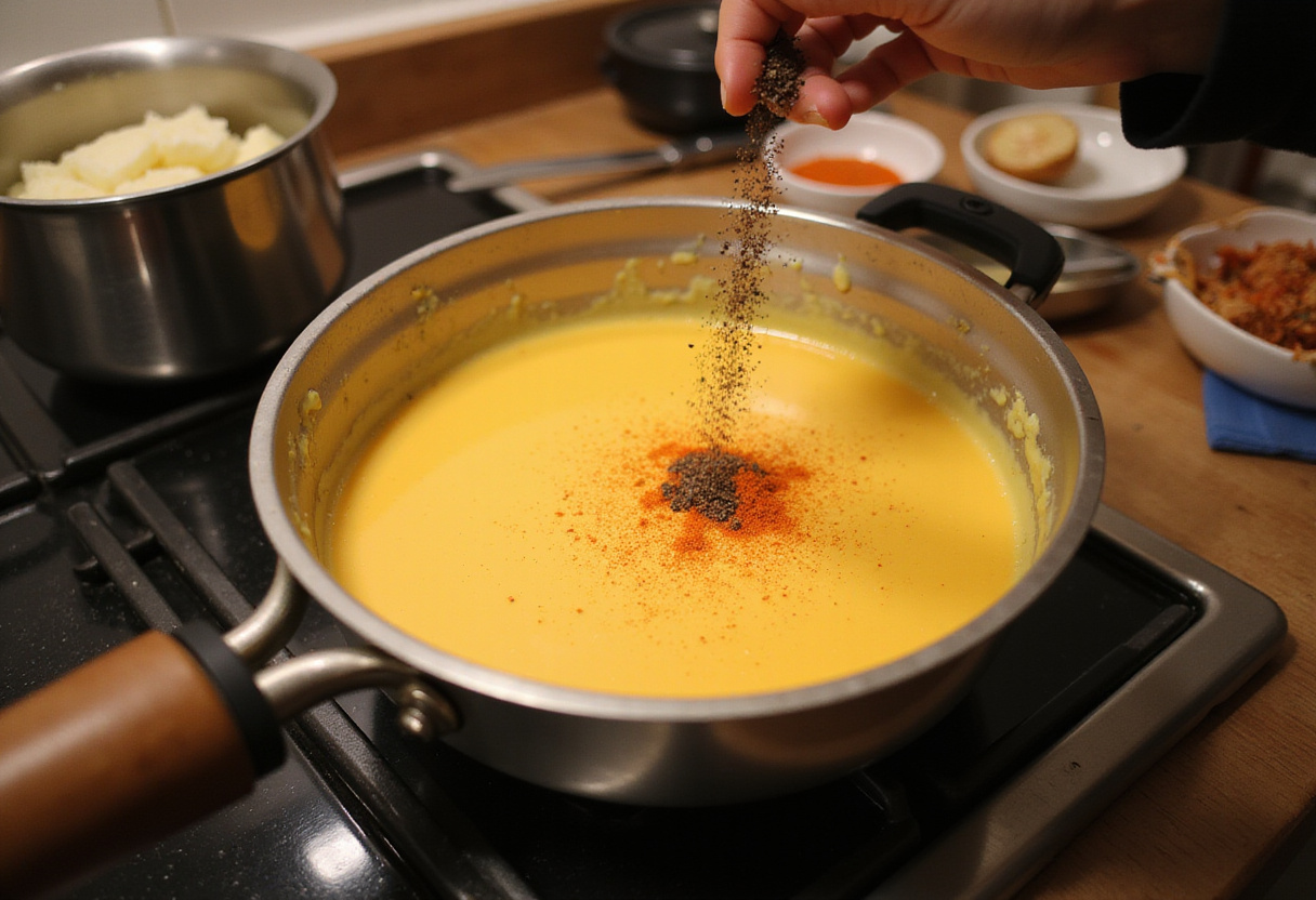 Ajout de paprika et de poivre noir dans la sauce cheddar en cours de préparation.