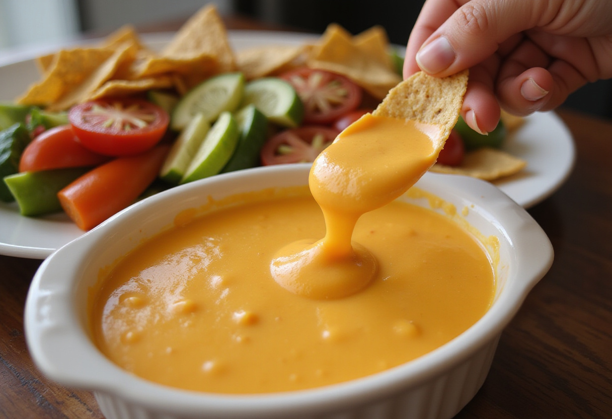 Service de la sauce cheddar dans un plat, prête à accompagner des légumes et des nachos.