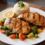 Finished Aiguillette de Poulet served with vegetables and rice, perfect for a quick meal.