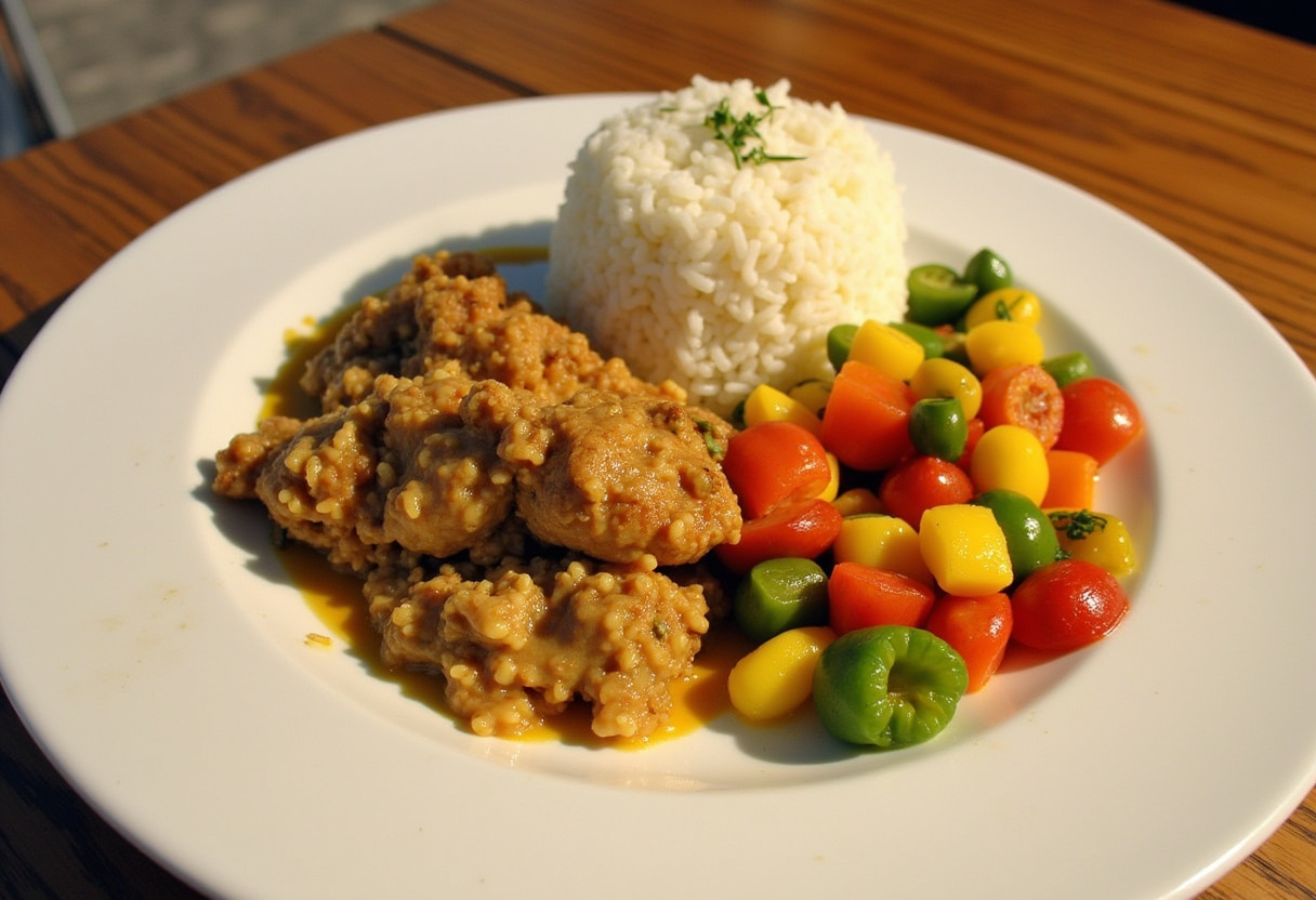 Finished Aiguillette de Poulet served with vegetables and rice, perfect for a quick meal.