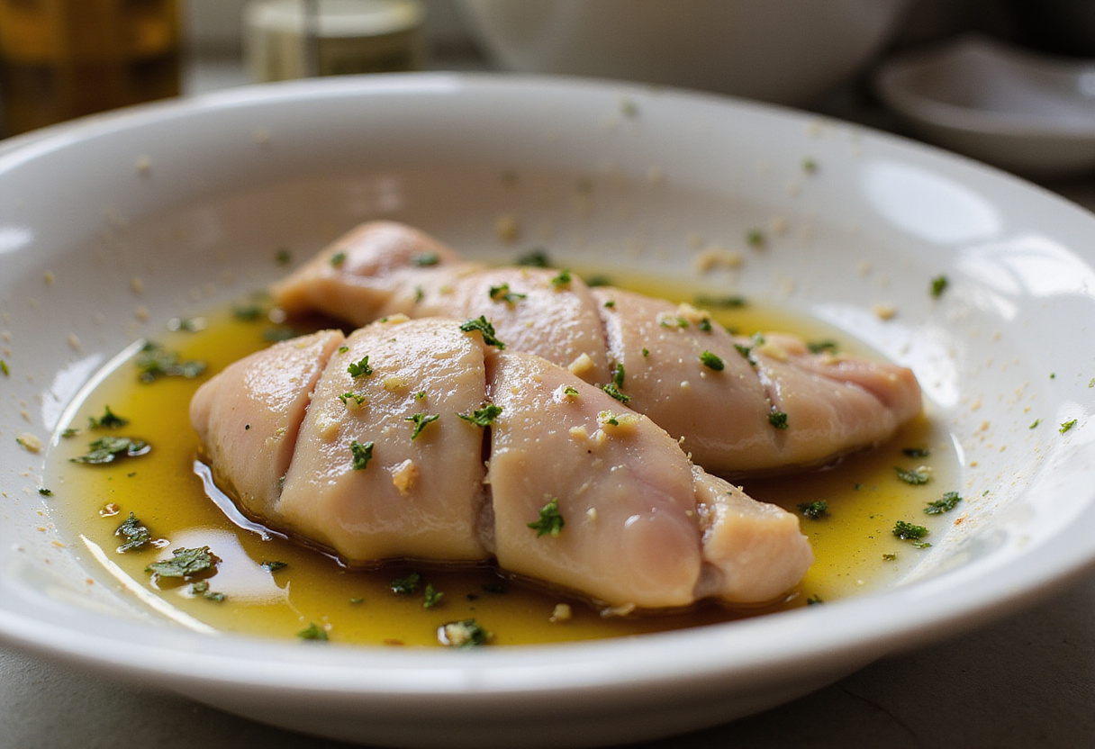 Sliced chicken breast marinating in a bowl with olive oil and herbs for Aiguillette de Poulet.