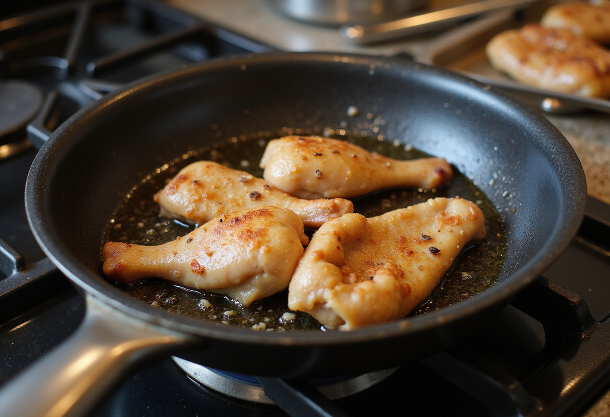 Skillet heating with oil for cooking marinated chicken for Aiguillette de Poulet.