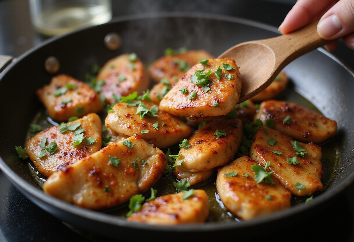 Marinated chicken strips sizzling in a skillet for Aiguillette de Poulet preparation.