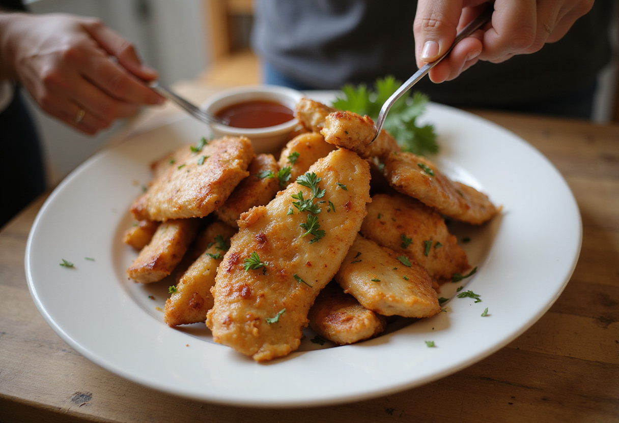 Cooked Aiguillette de Poulet being plated with fresh parsley garnish.
