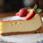 Slice of finished express cheesecake with fresh fruit garnish, showcasing a delicious dessert.