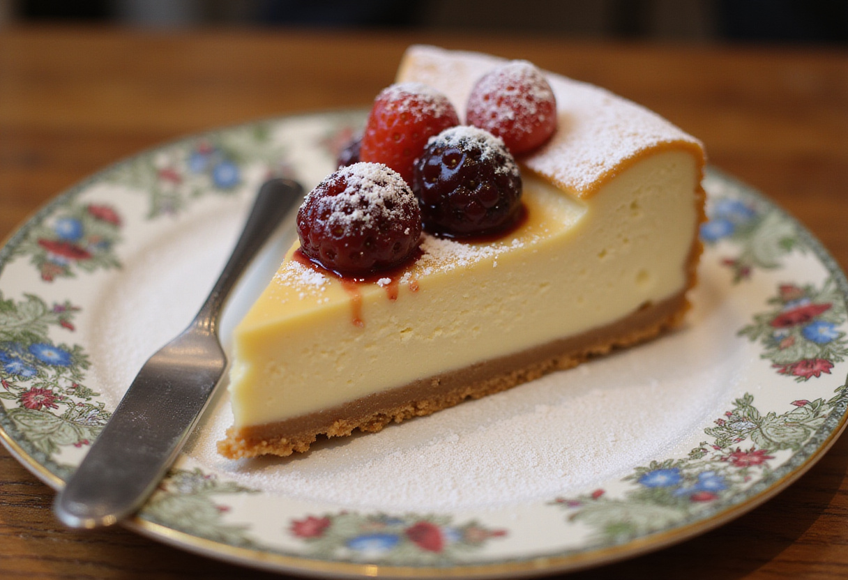 Slice of finished express cheesecake with fresh fruit garnish, showcasing a delicious dessert.