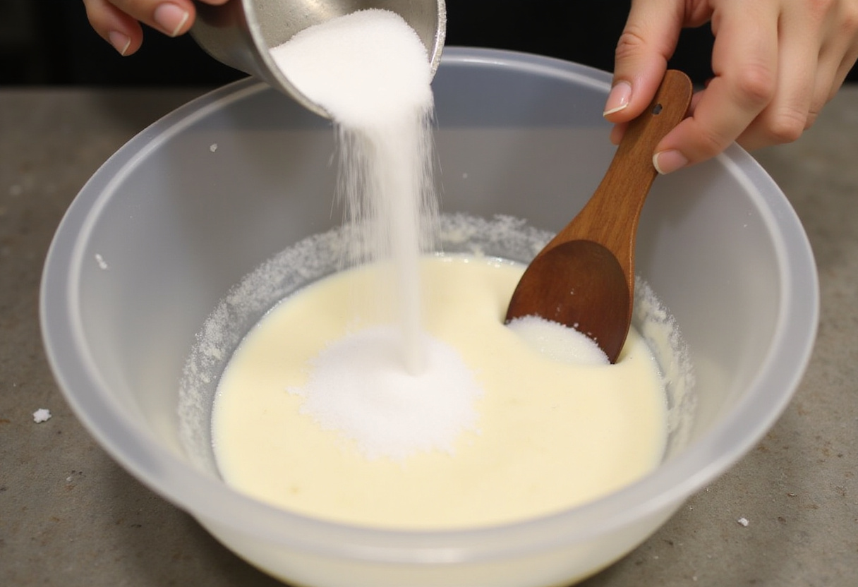 Sugar being added to fromage blanc for the express cheesecake preparation.