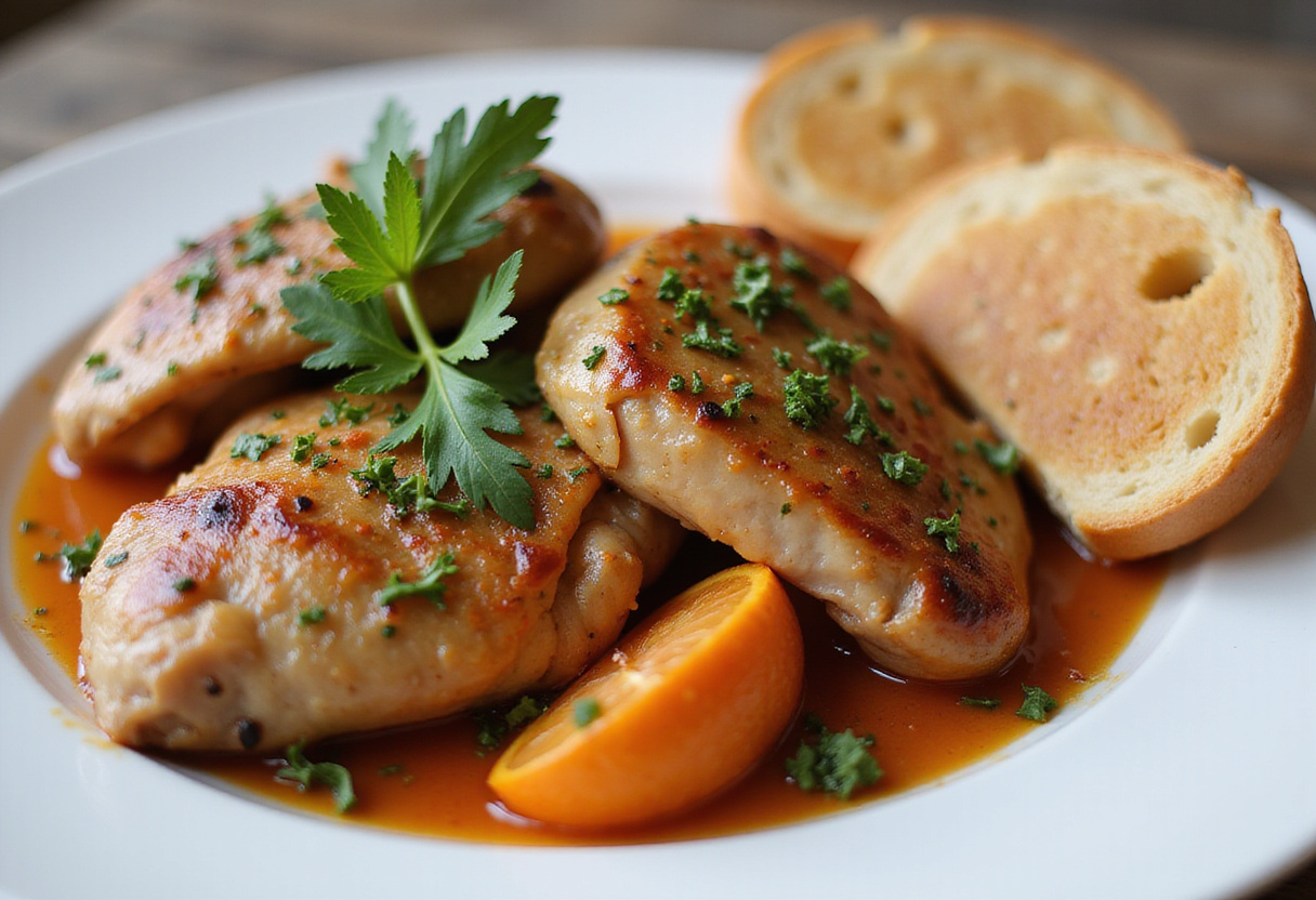 Finished Poulet Basquaise beautifully plated, accented with herbs and bread for a delightful meal.