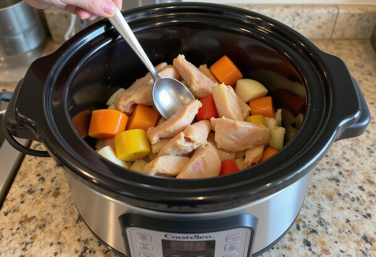 Diced chicken and vegetables being prepared for the express Poulet Basquaise in a Cookeo.