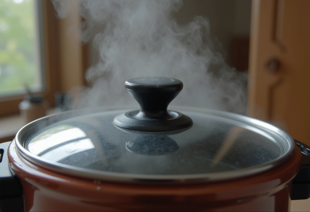 Closing the Cookeo for cooking Poulet Basquaise, capturing the pressure cooking process.