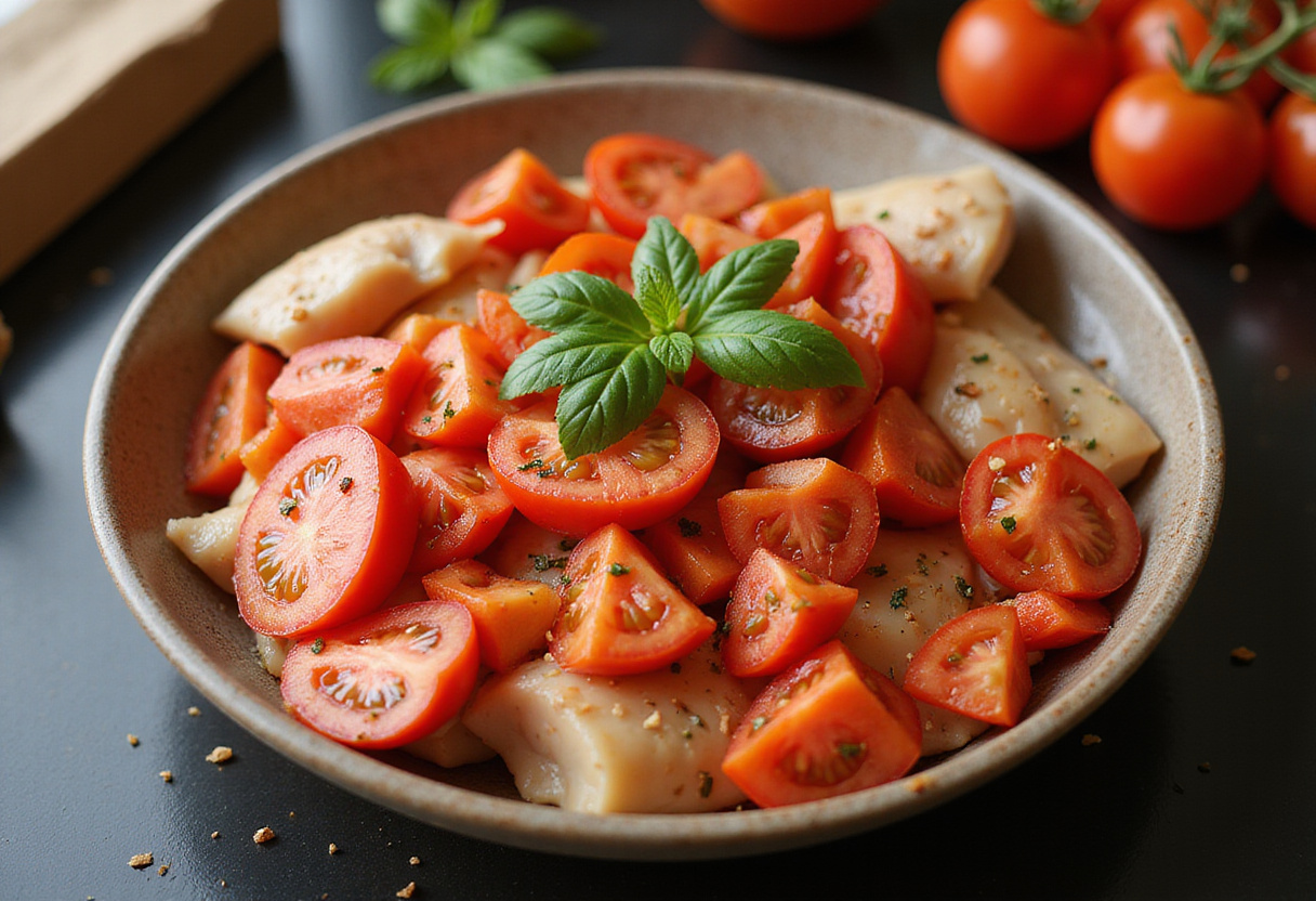 Preparation of fresh tomatoes and herbs for adding to Poulet Basquaise in the Cookeo.