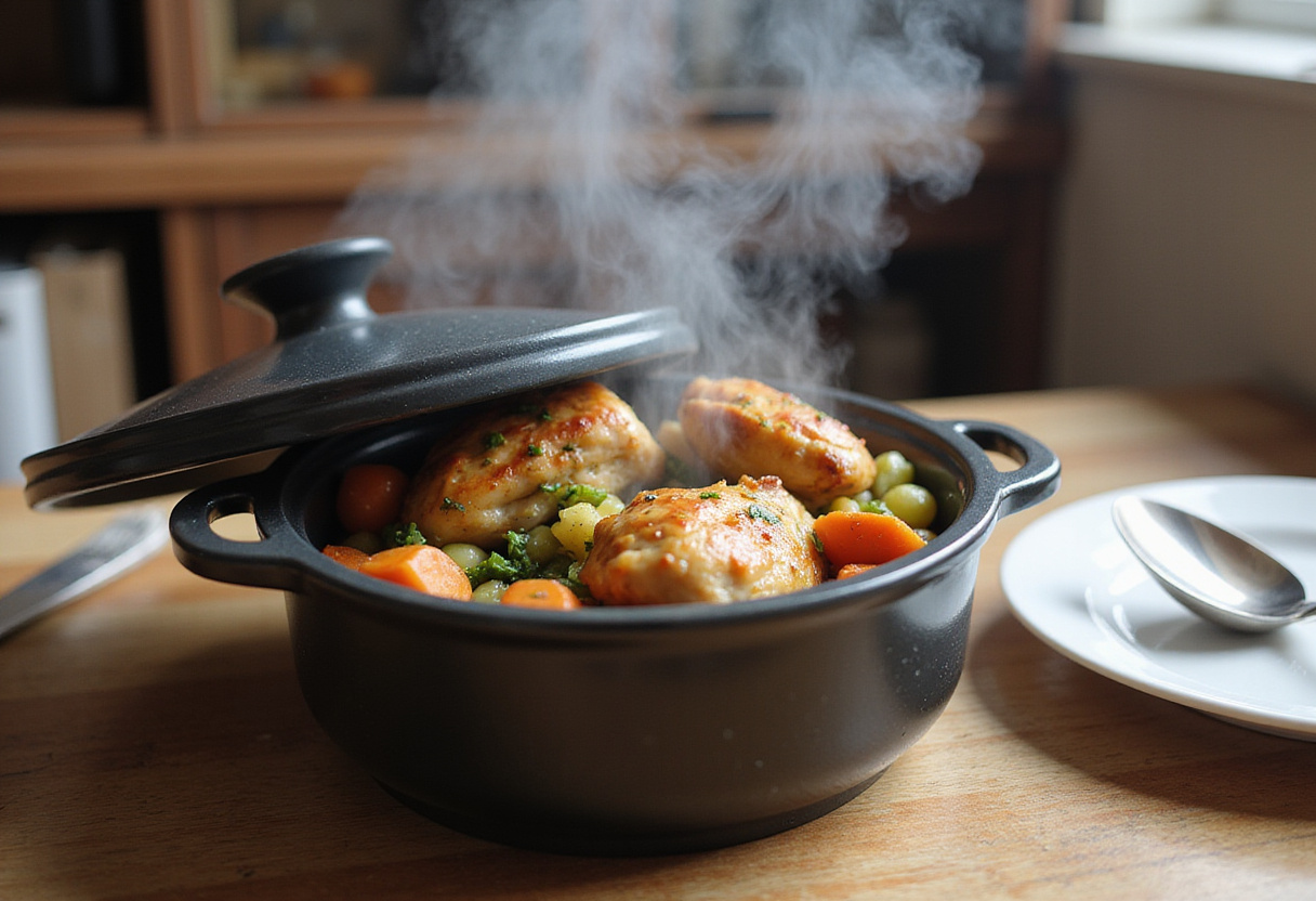 Cooked Poulet Basquaise being revealed in the Cookeo, ready for serving.