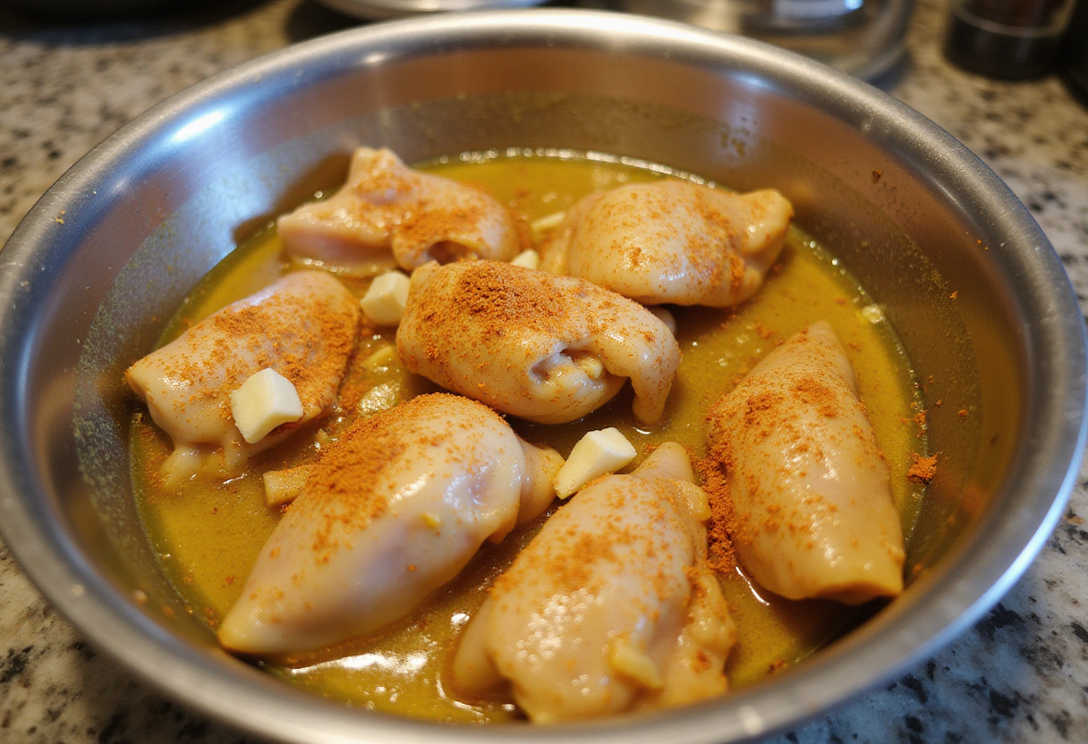 Marinated chicken pieces with curry and coconut milk for express Poulet Curry Coco recipe.