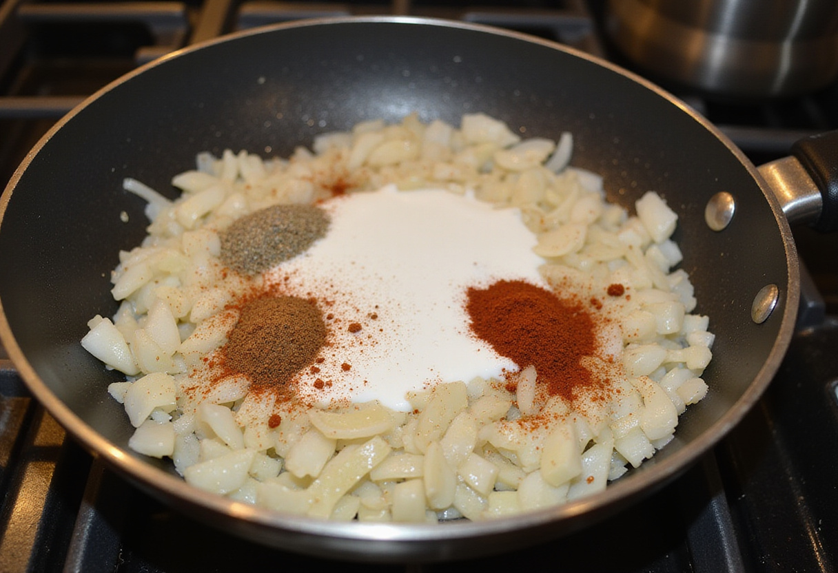 Sautéing onions for Poulet Curry Coco in a skillet, preparing for the coconut curry sauce.
