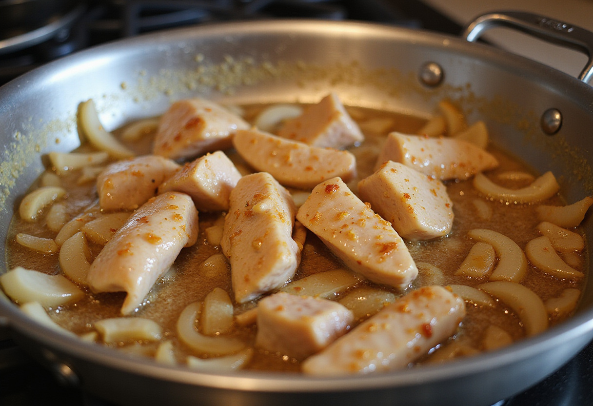 Chicken pieces added to the skillet for cooking Poulet Curry Coco, creating a flavorful dish.
