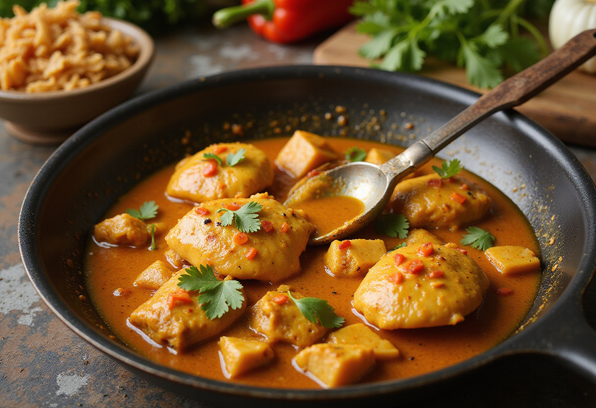 Final cooking stage of Poulet Curry Coco in a skillet, blending fresh ingredients and spices.