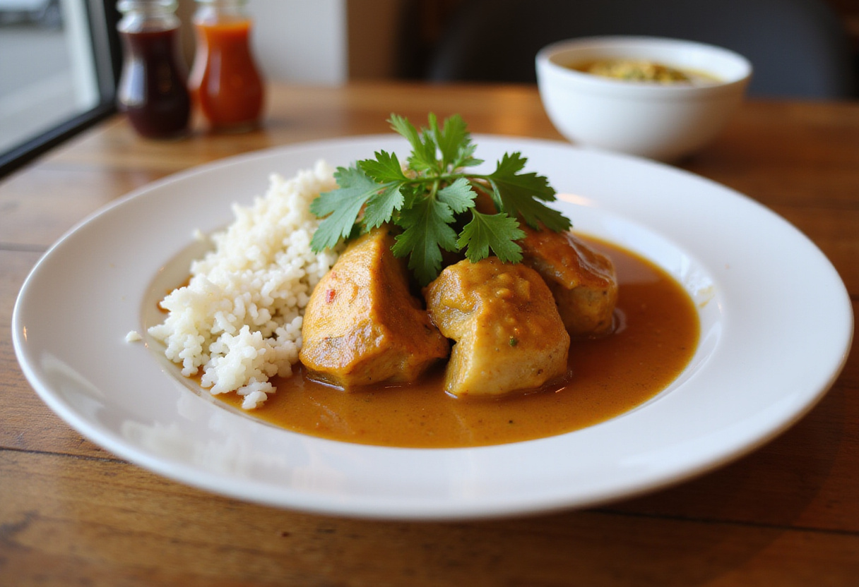 Finished poulet curry dish served on a plate, complete with rice and garnishes.