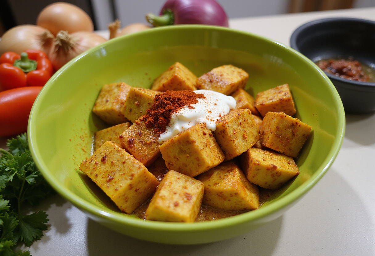Marinated chicken pieces for poulet curry recipe, mixed with spices and yogurt.