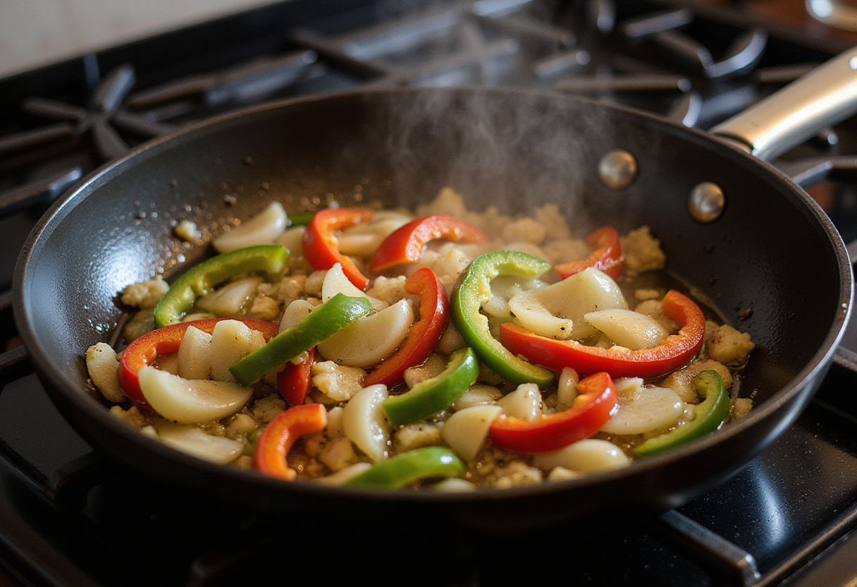Sautéing vegetables for poulet curry in a skillet, creating a fragrant base.