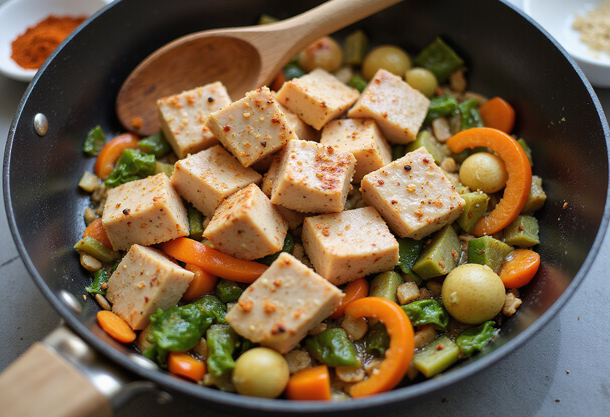Adding marinated chicken to sautéed vegetables for preparing poulet curry dish.