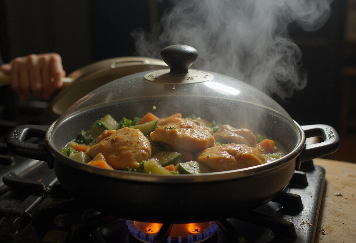 Simmering poulet curry in a skillet, showcasing the cooking process.