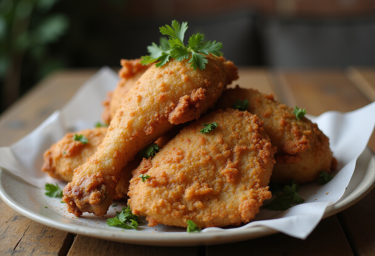Poulet pané croustillant doré, prêt à être dégusté.