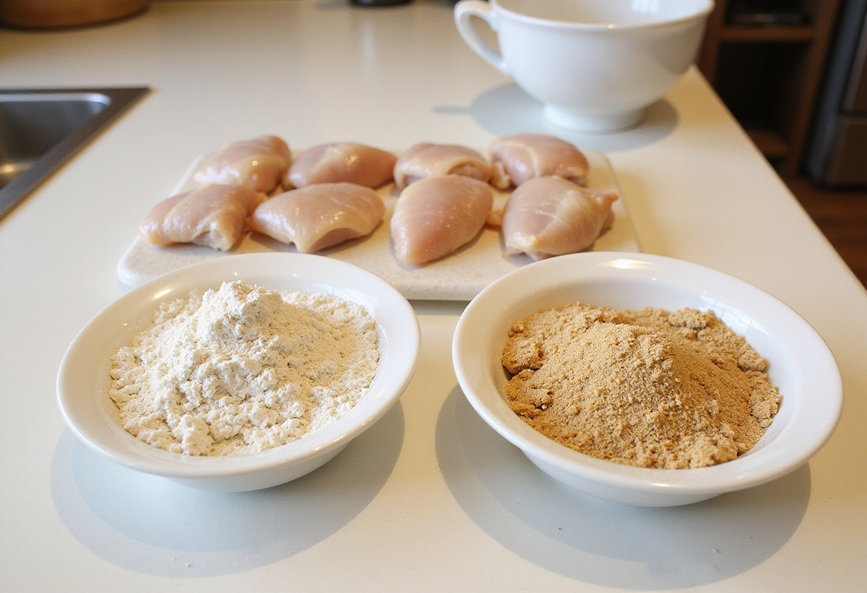 Ingrédients pour paner le poulet : farine et chapelure sur un plan de travail.