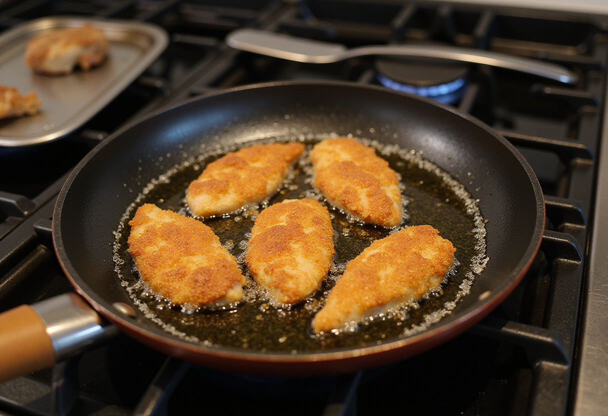 Poêle avec de l'huile chaude prête pour faire frire le poulet pané.