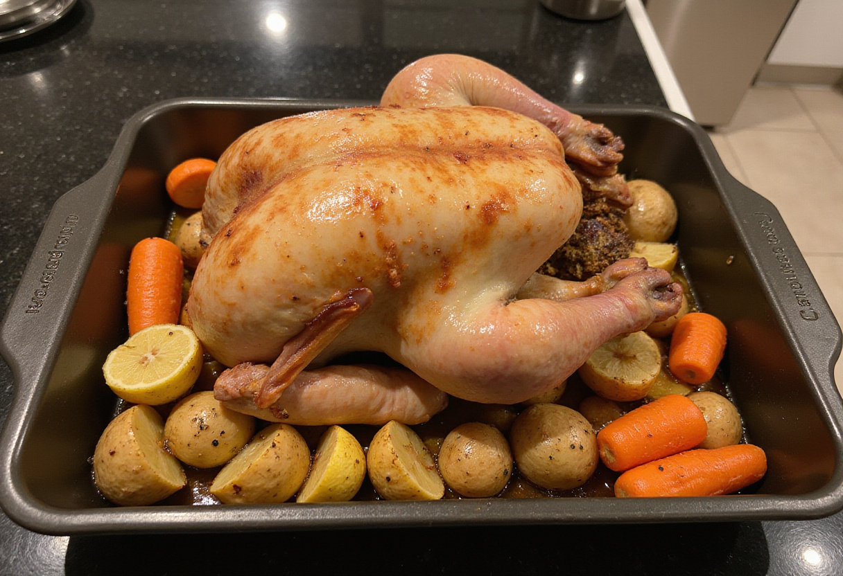 Poulet entier dans un plat de rôtissage avec des légumes assaisonnés pour la recette de poulet au four.