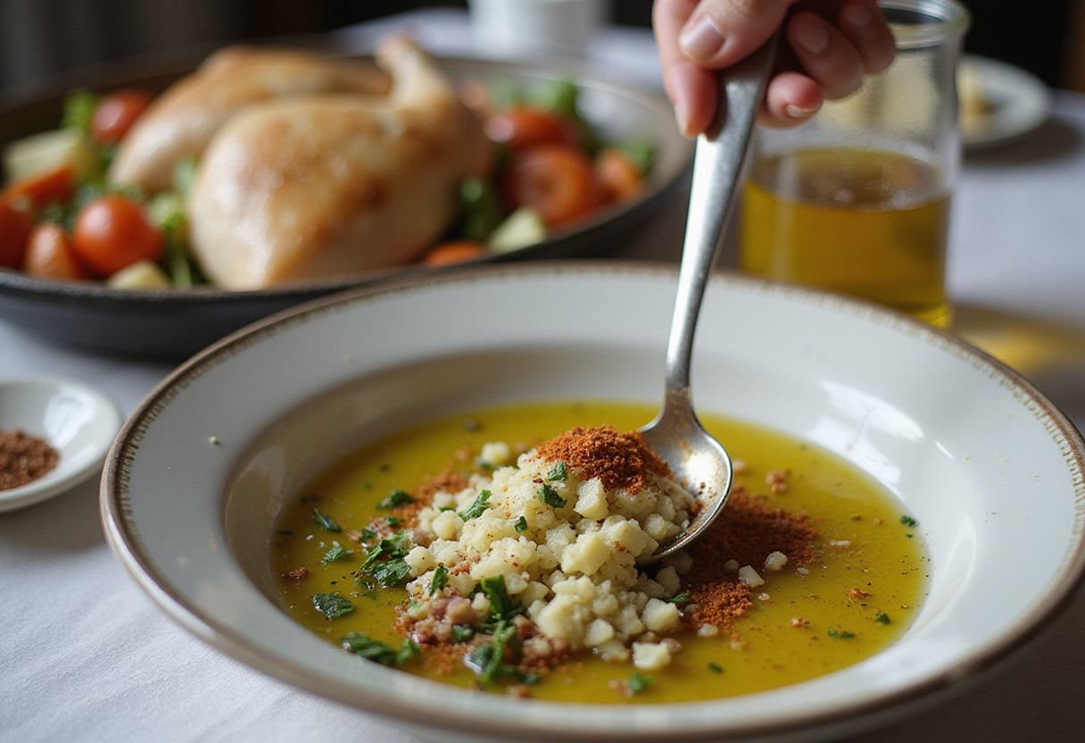 Mélange d'huile d'olive et d'herbes pour assaisonner le poulet au four.