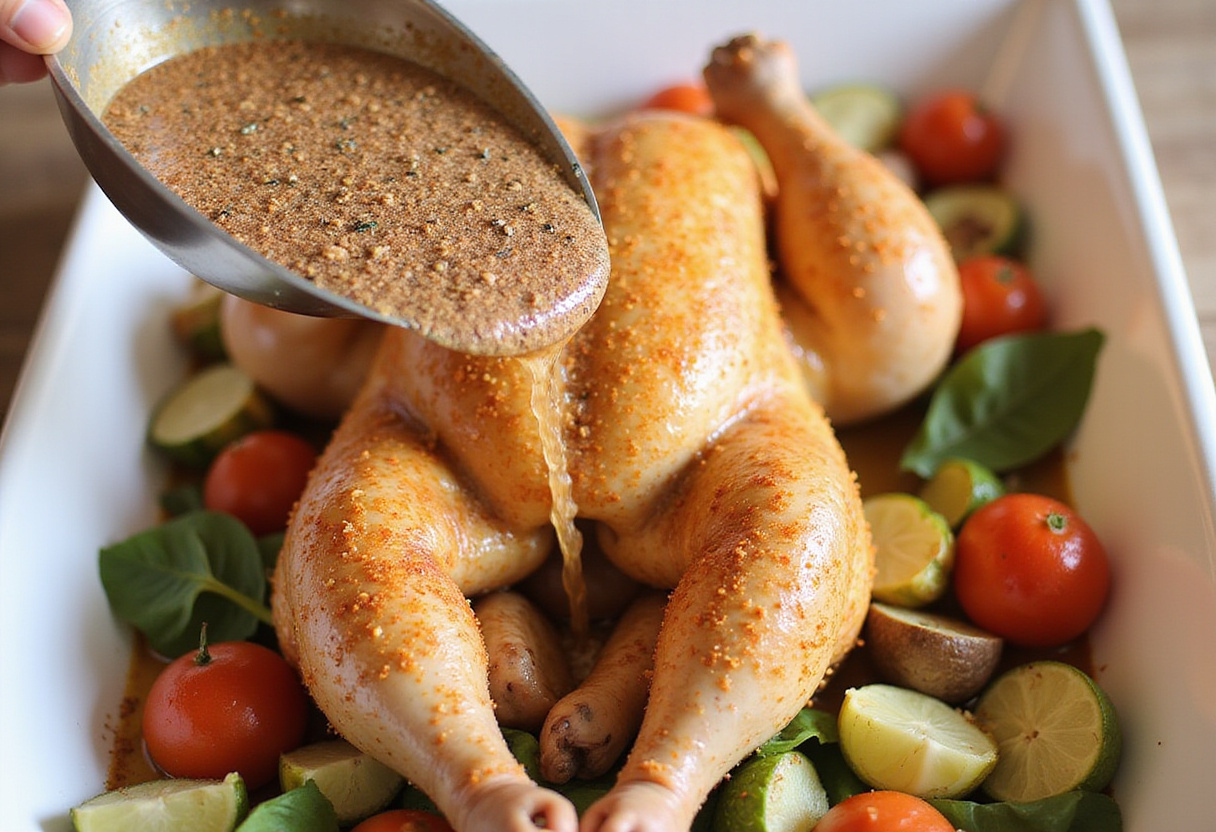 Mélange assaisonné arrosant le poulet et les légumes dans le plat de rôtissage.
