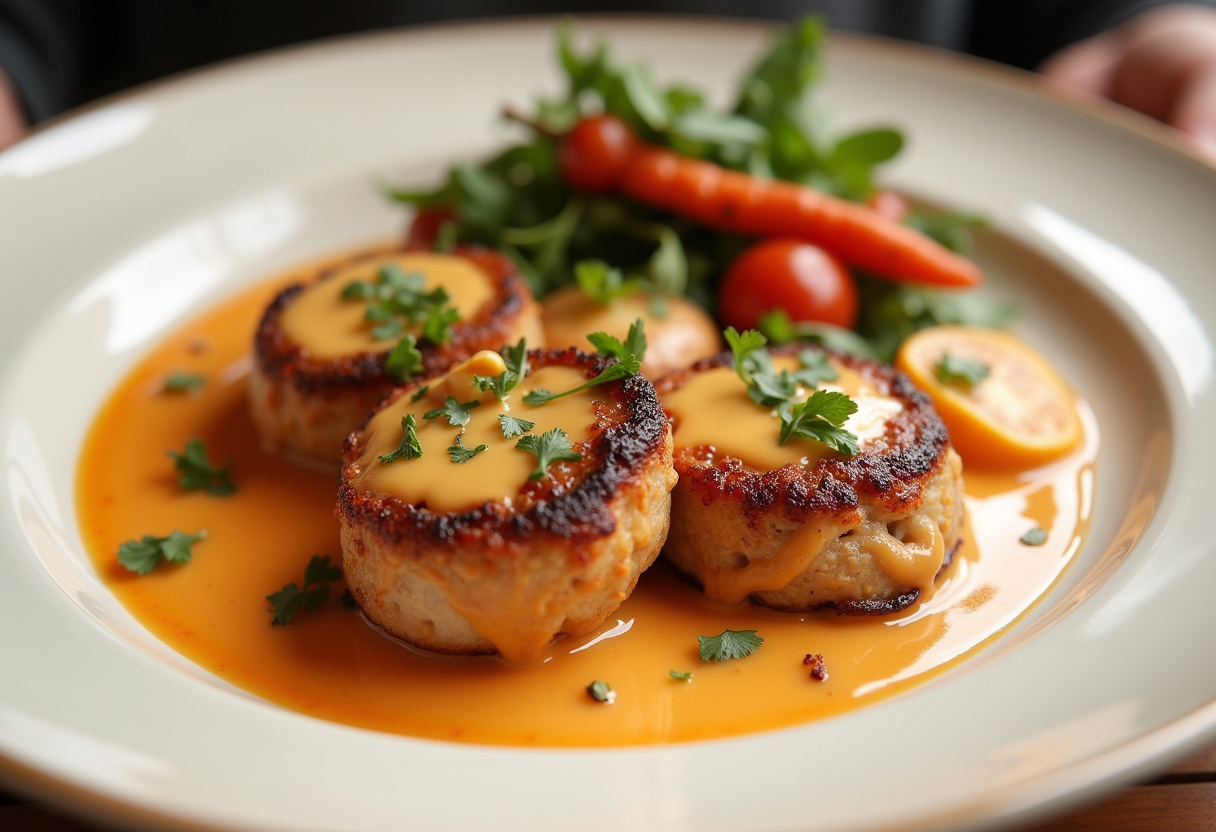 Aiguillettes de poulet servies avec une sauce crémeuse au chorizo, un plat savoureux et attrayant.