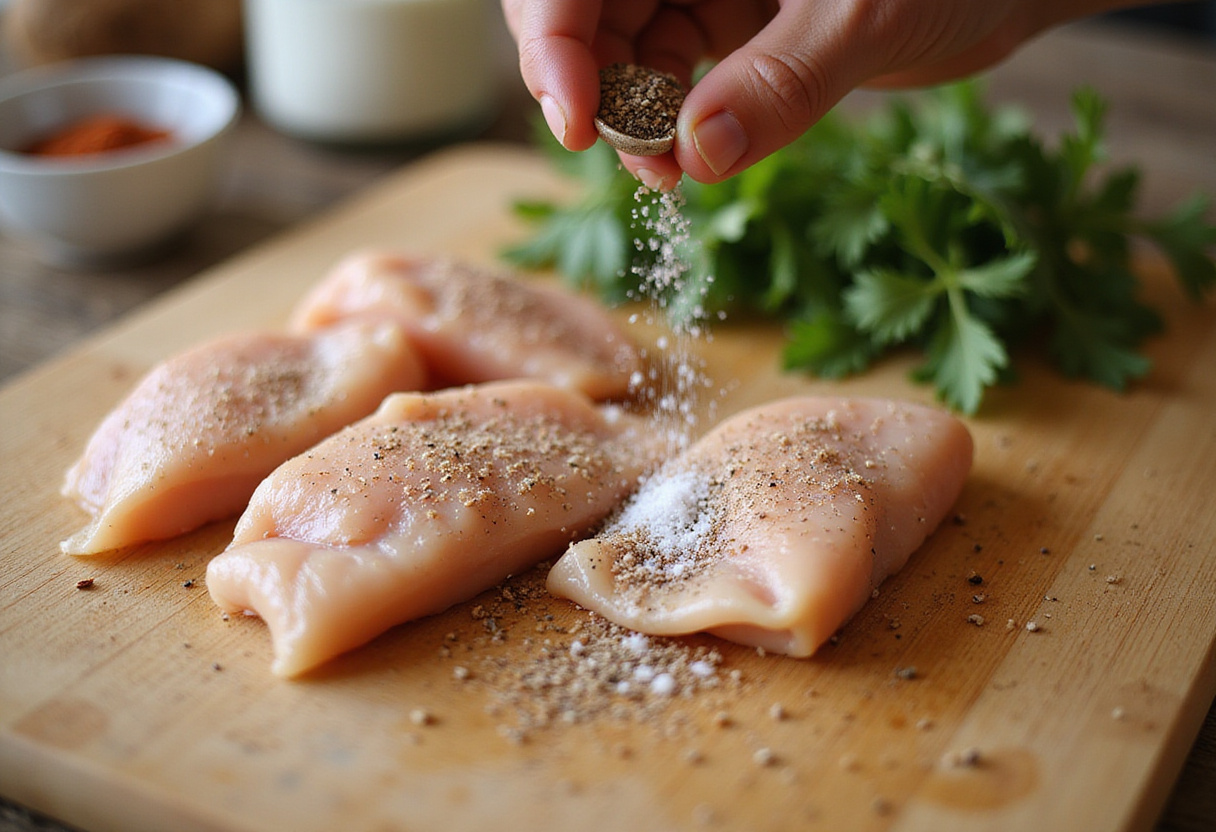 Aiguillettes de poulet assaisonnées prêtes pour la cuisson dans la recette de poulet.